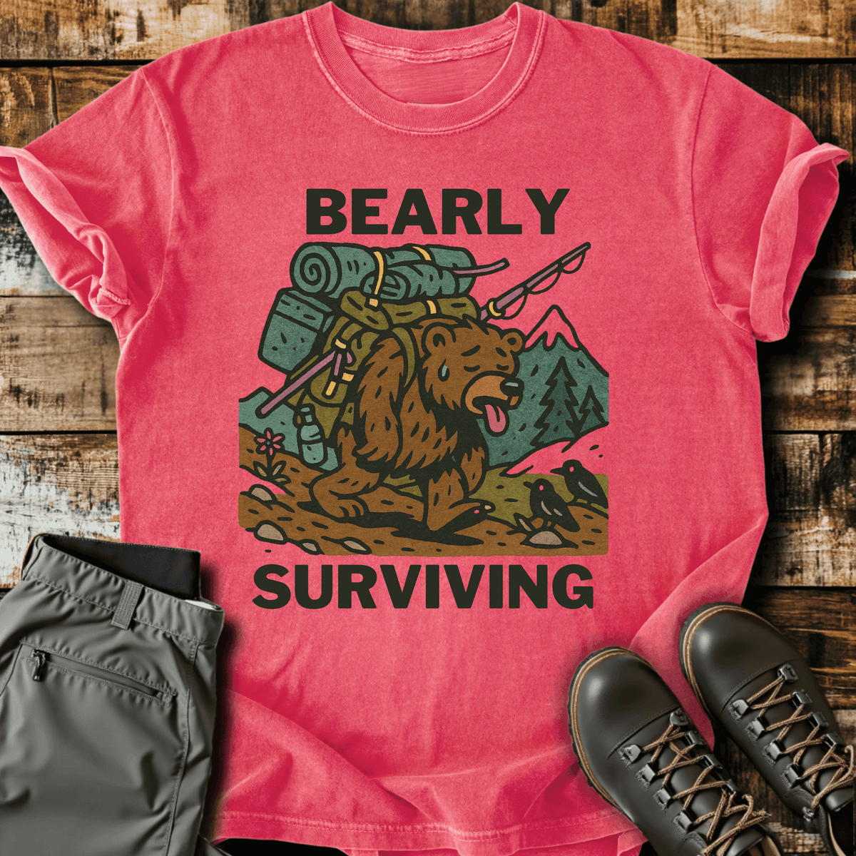 Bearly Surviving T-Shirt - Funny Hiking Graphic Tee - Gift for Hikers - Unisex