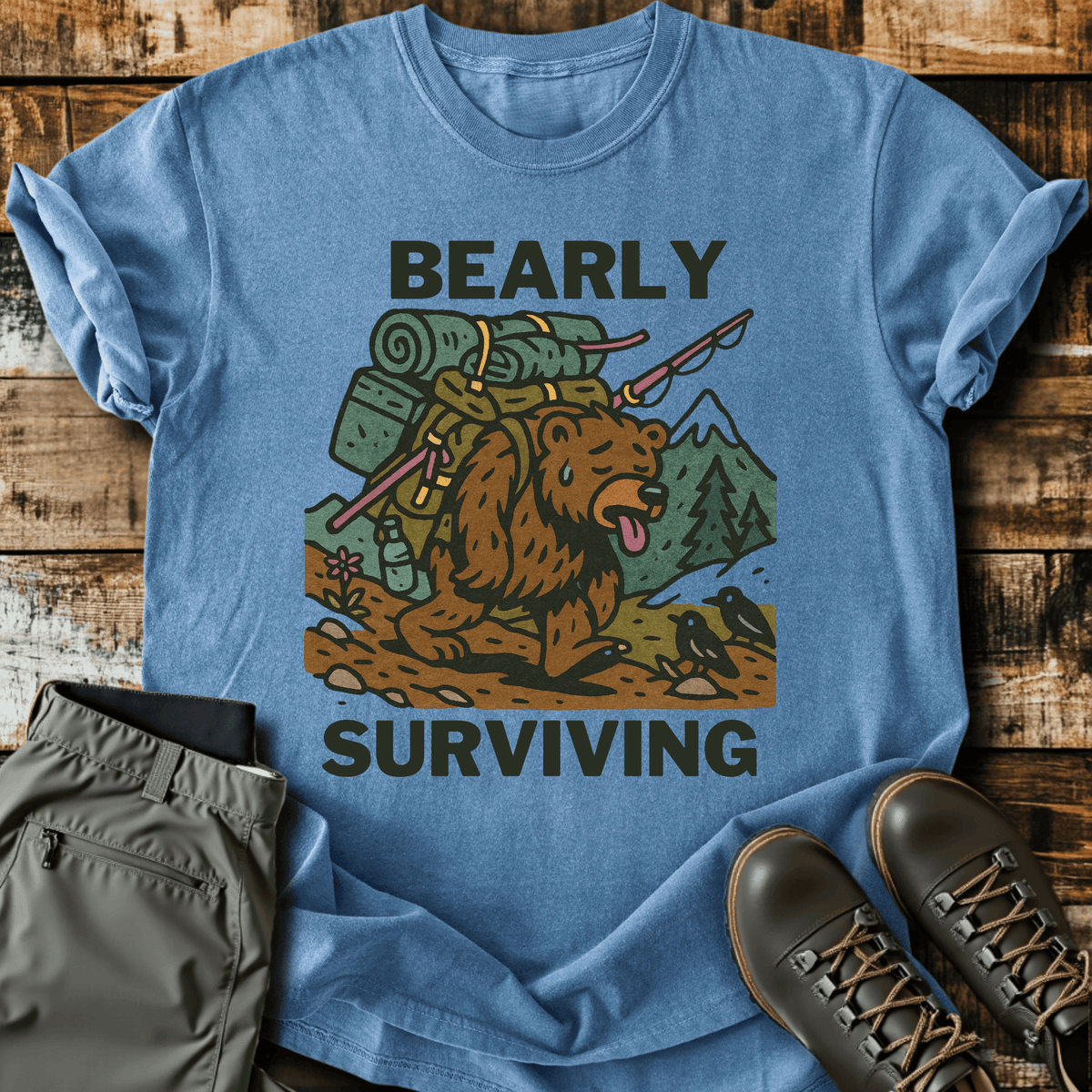 Bearly Surviving T-Shirt - Funny Hiking Graphic Tee - Gift for Hikers - Unisex