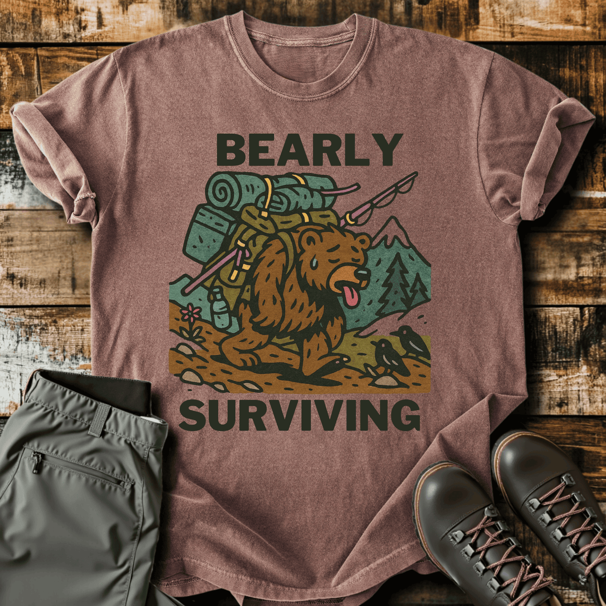 Bearly Surviving T-Shirt - Funny Hiking Graphic Tee - Gift for Hikers - Unisex