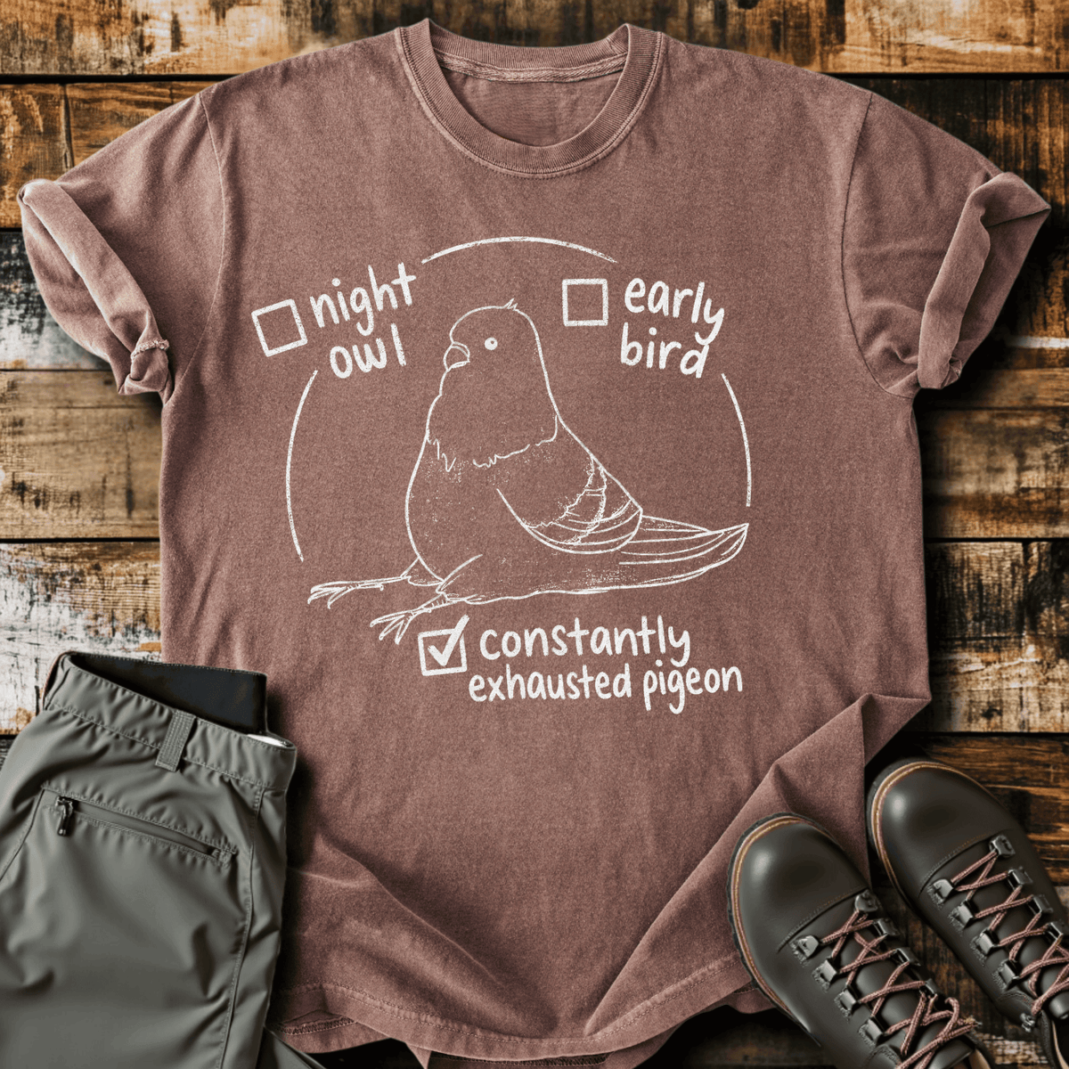 Exhausted Pigeon T-Shirt - Funny Hiking Graphic Tee - Gift for Hikers - Unisex