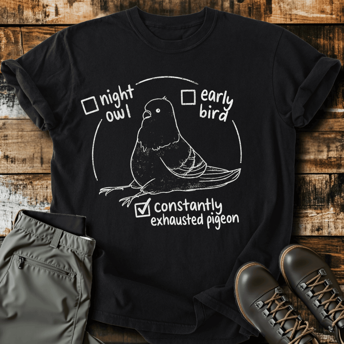 Exhausted Pigeon T-Shirt - Funny Hiking Graphic Tee - Gift for Hikers - Unisex