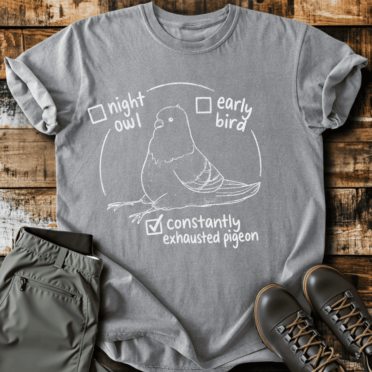 Exhausted Pigeon T-Shirt - Funny Hiking Graphic Tee - Gift for Hikers - Unisex