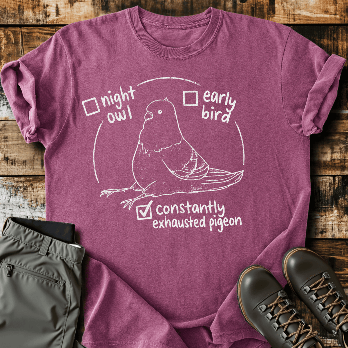 Exhausted Pigeon T-Shirt - Funny Hiking Graphic Tee - Gift for Hikers - Unisex