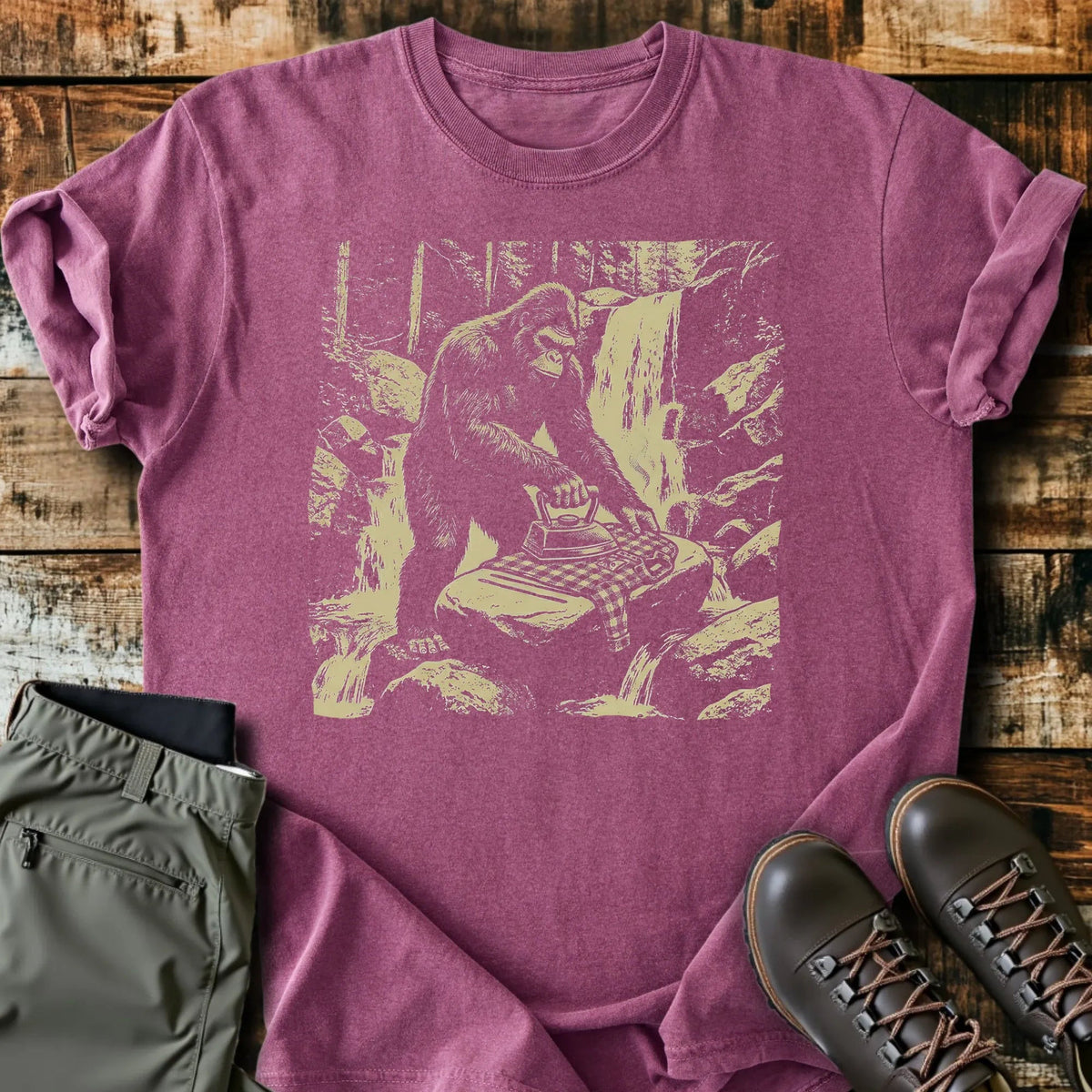 Bigfoot Ironing T-Shirt - Funny Hiking Graphic Tee - Gift for Hikers - Unisex