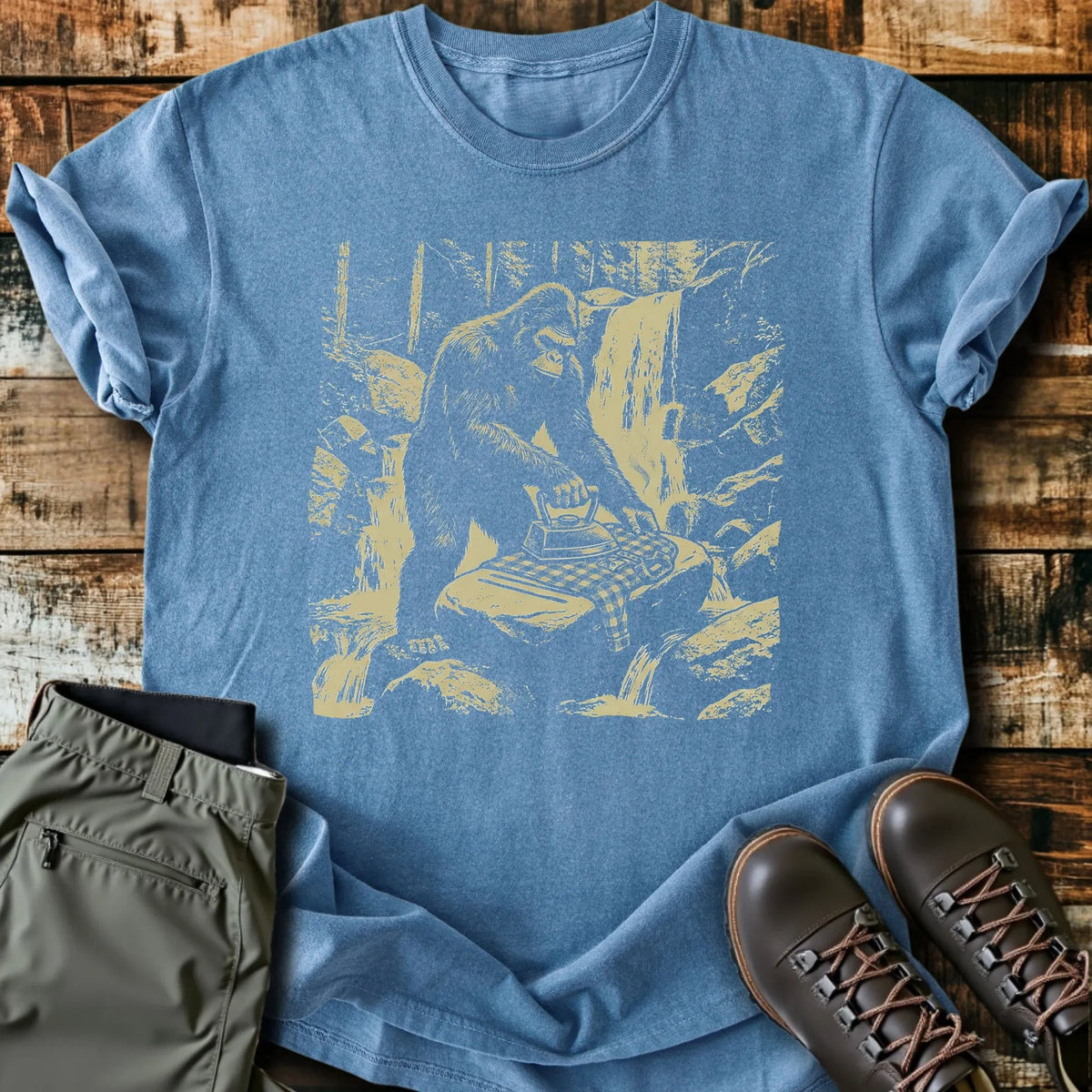 Bigfoot Ironing T-Shirt - Funny Hiking Graphic Tee - Gift for Hikers - Unisex