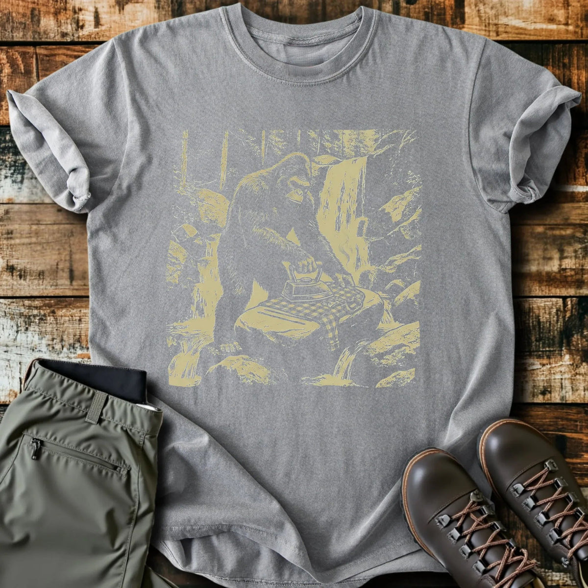 Bigfoot Ironing T-Shirt - Funny Hiking Graphic Tee - Gift for Hikers - Unisex