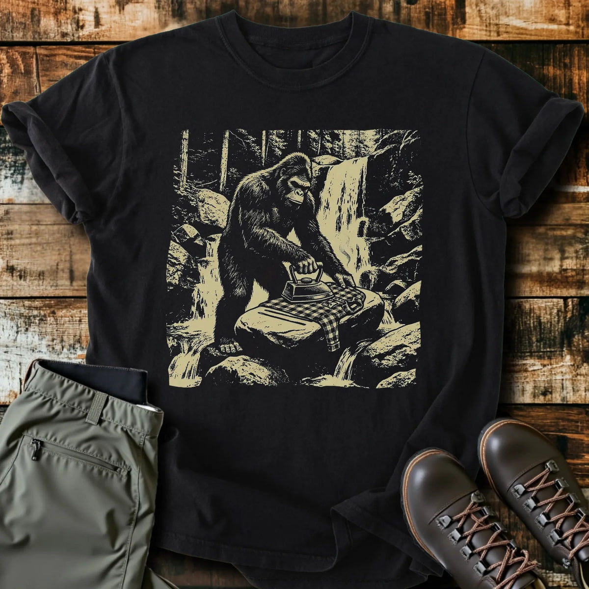 Bigfoot Ironing T-Shirt - Funny Hiking Graphic Tee - Gift for Hikers - Unisex