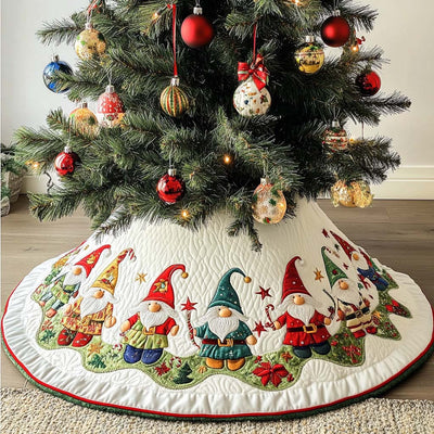 Gnome Wonderland Quilted Christmas Tree Skirt - Round Gnome Christmas Tree Decoration - Holiday Home Decor