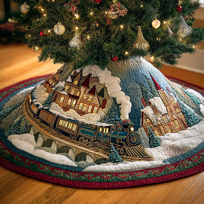 Frost Express Quilted Christmas Tree Skirt - Round Christmas Tree Decoration - Holiday Home Decor