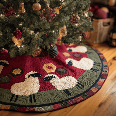 Sweet Sheep Quilted Christmas Tree Skirt - Round Christmas Tree Decoration - Holiday Home Decor