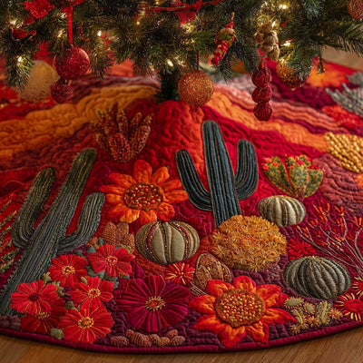 Crimson Sunset Cactus Quilted Christmas Tree Skirt - Round Southwestern Christmas Tree Decoration - Holiday Home Decor