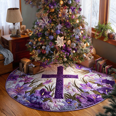 Violet Grace Quilted Christmas Tree Skirt - Round Christmas Tree Decoration - Holiday Home Decor