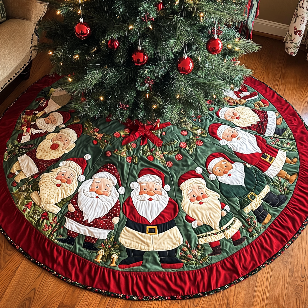 Holly Jolly Joy Quilted Christmas Tree Skirt - Round Christmas Tree Decoration - Holiday Home Decor