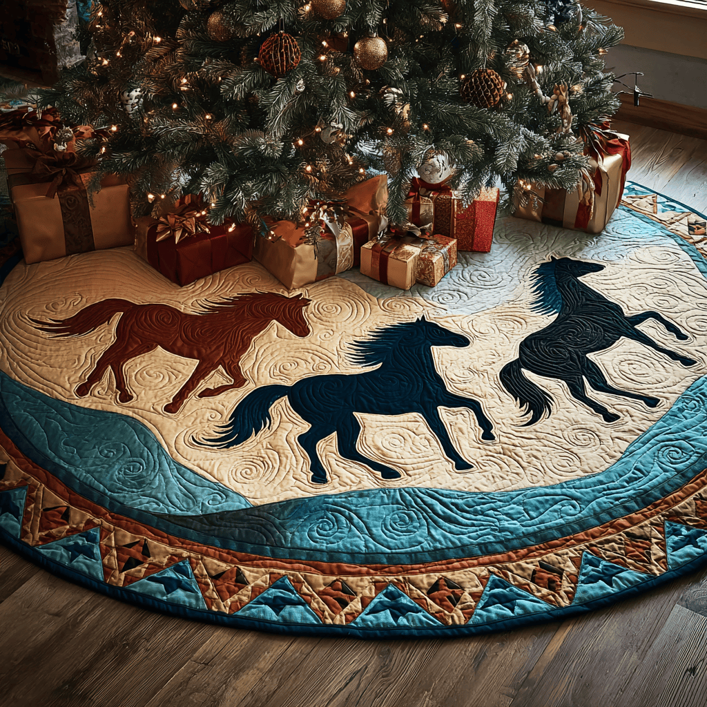 Horse Spirit Quilted Christmas Tree Skirt - Round Christmas Tree Decoration - Holiday Home Decor