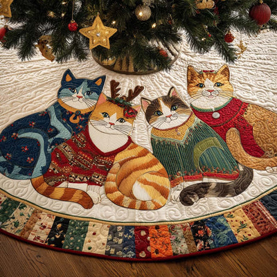 Midnight Cat Parade Quilted Christmas Tree Skirt - Round Cat Christmas Tree Decoration - Holiday Home Decor