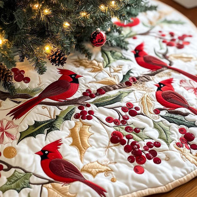 Holly Harmony Quilted Christmas Tree Skirt - Round Christmas Tree Decoration - Holiday Home Decor