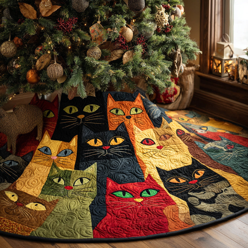 Whimsical Whiskers Quilted Christmas Tree Skirt - Round Cat Christmas Tree Decoration - Holiday Home Decor