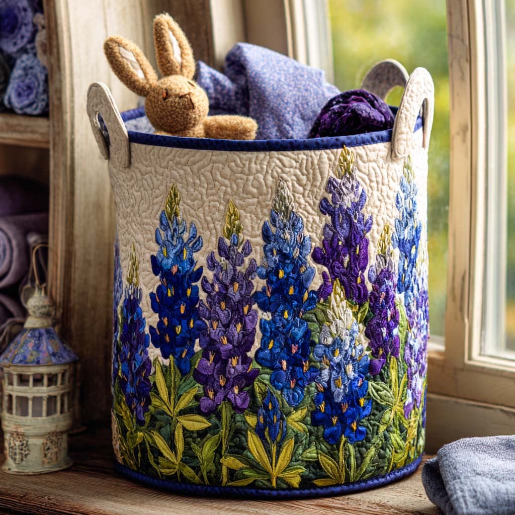 Bluebonnet Dream Path Quilted Laundry Basket - Fabric Laundry Hamper - Housewarming Gift for Mom