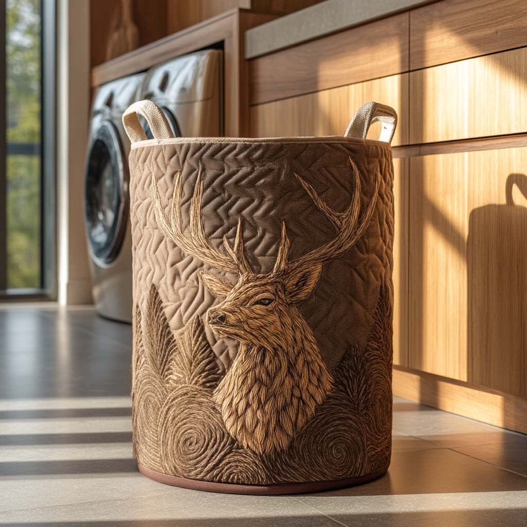 Rustic Lodge Stag Quilted Laundry Basket - Fabric Laundry Hamper - Housewarming Gift for Mom