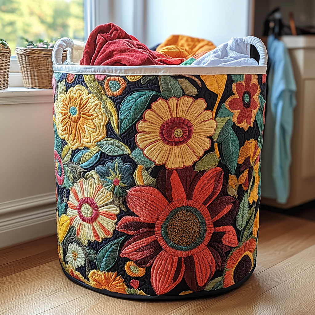 Bright Meadow Quilted Laundry Basket - Fabric Laundry Hamper - Housewarming Gift for Mom