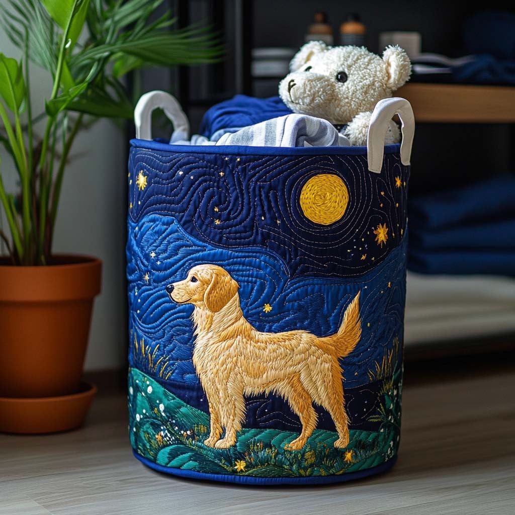 Golden Dog Charm Quilted Laundry Basket - Fabric Laundry Hamper - Housewarming Gift for Mom