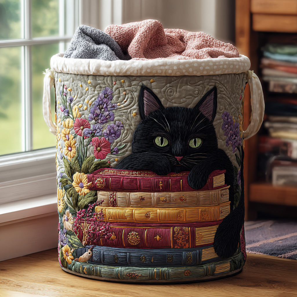 Purring Pages Quilted Laundry Basket - Fabric Laundry Hamper - Housewarming Gift for Mom