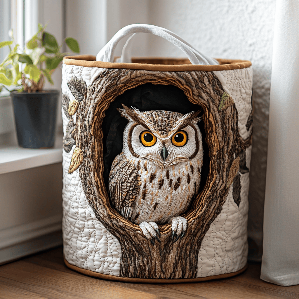 Cozy Owl Quilted Laundry Basket - Fabric Laundry Hamper - Housewarming Gift for Mom