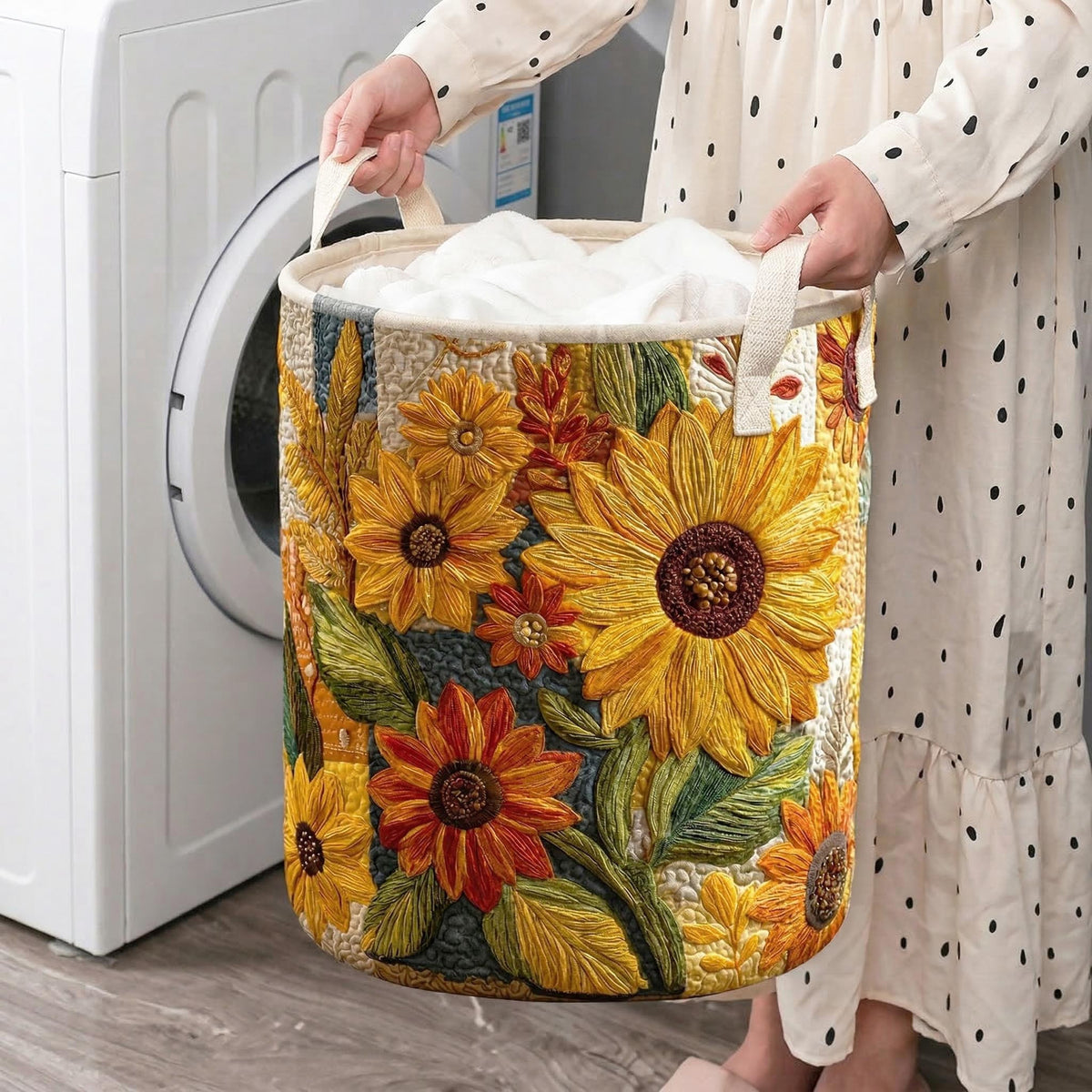 Sunflower Dream Quilted Laundry Basket - Fabric Laundry Hamper - Housewarming Gift for Mom