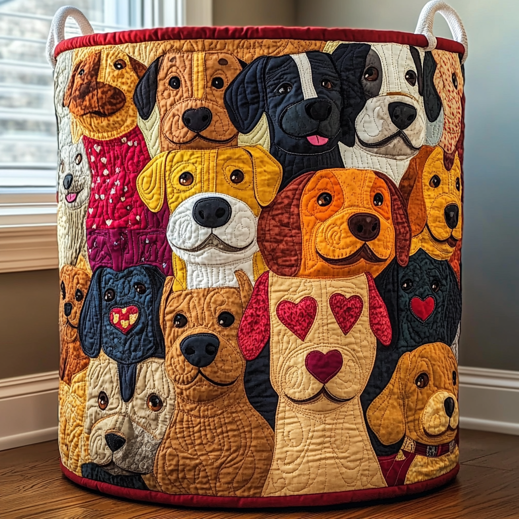 Smiling Dogs Quilted Laundry Basket - Fabric Laundry Hamper - Housewarming Gift for Mom