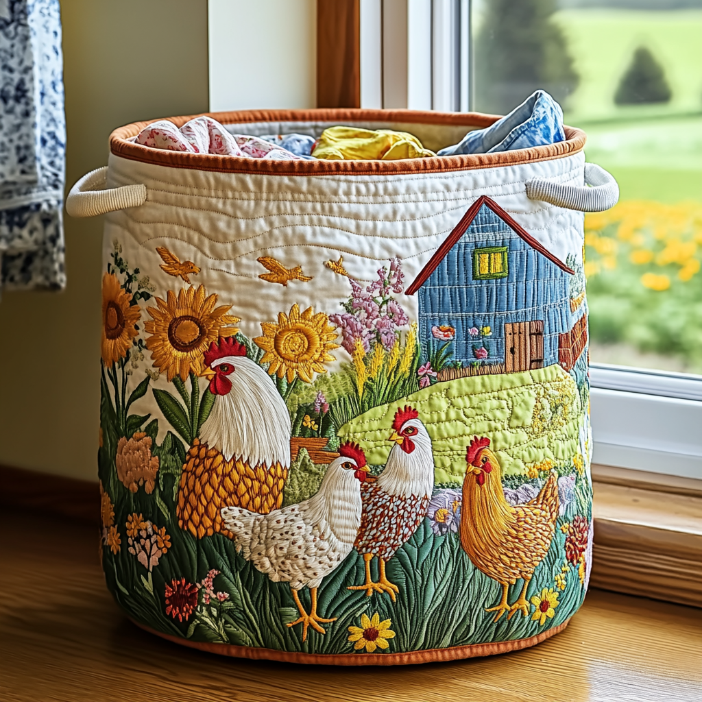 Chicken Farm Quilted Laundry Basket - Fabric Laundry Hamper - Housewarming Gift for Mom