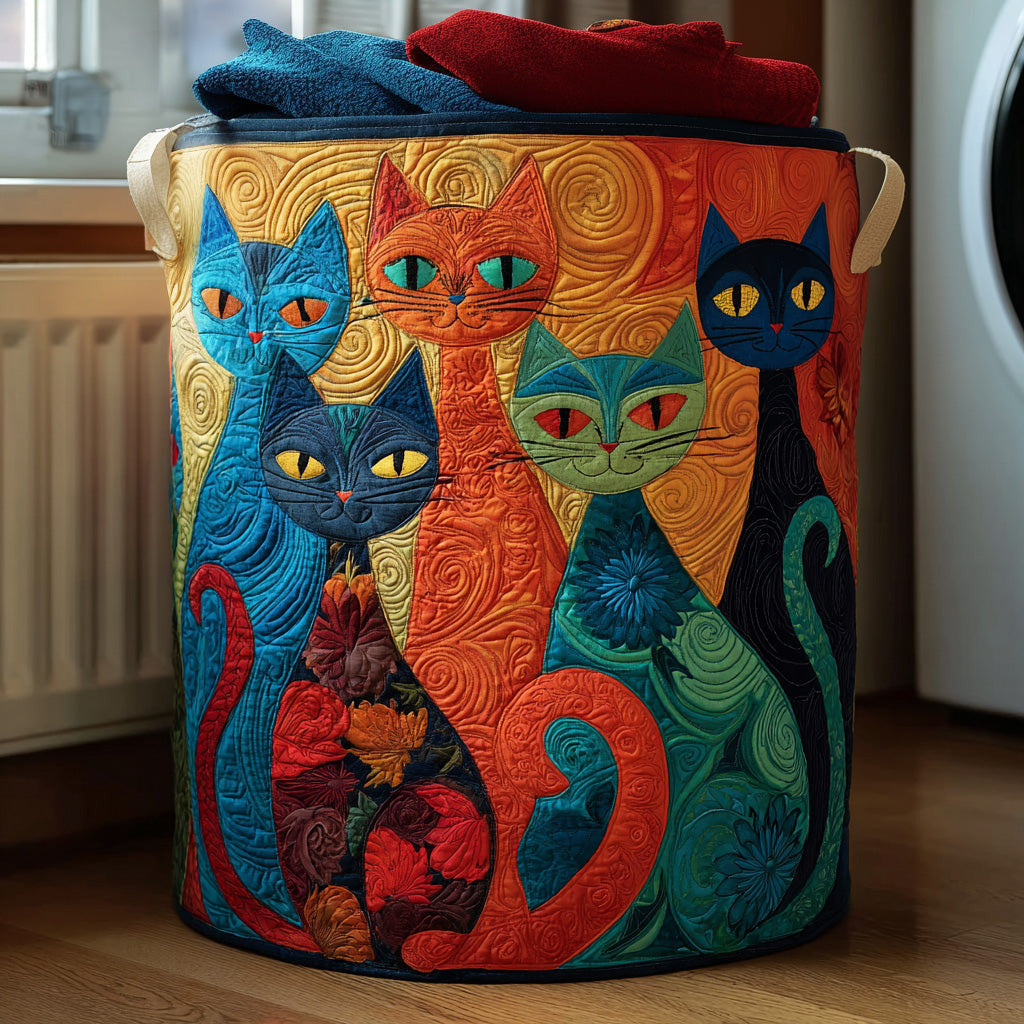 Enchanted Cats Quilted Laundry Basket - Fabric Laundry Hamper - Housewarming Gift for Mom