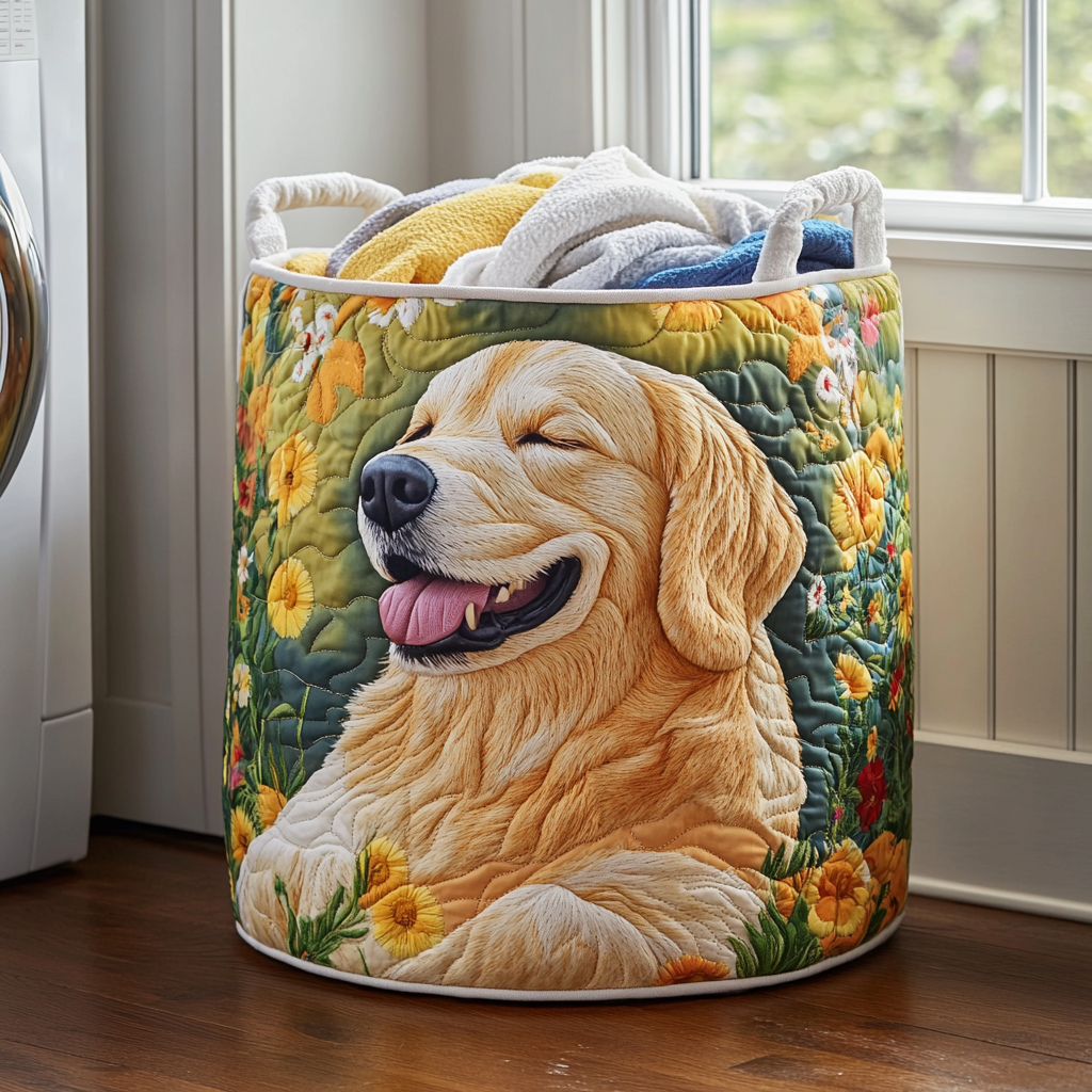 Golden Retriever Bloom Quilted Laundry Basket - Fabric Laundry Hamper - Housewarming Gift for Mom