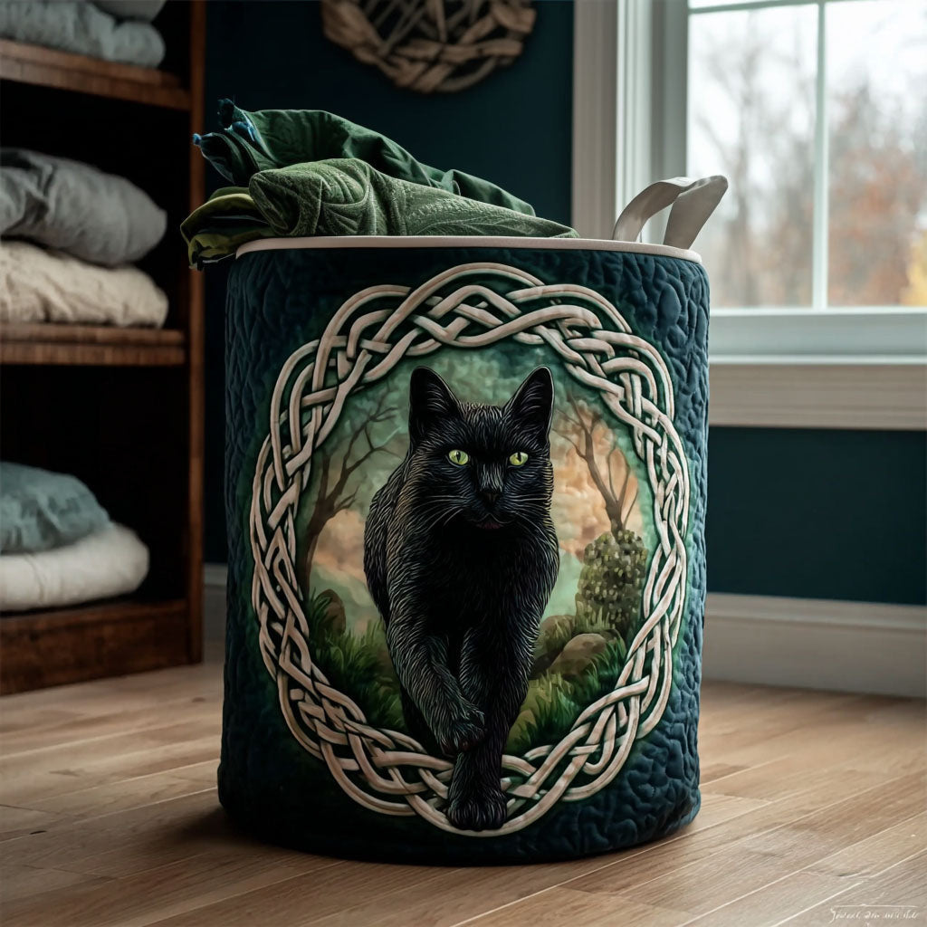 Celtic Shadow Cat Quilted Laundry Basket - Fabric Laundry Hamper - Housewarming Gift for Mom