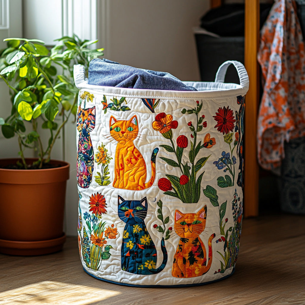 Snuggle Cats Quilted Laundry Basket - Fabric Laundry Hamper - Housewarming Gift for Mom