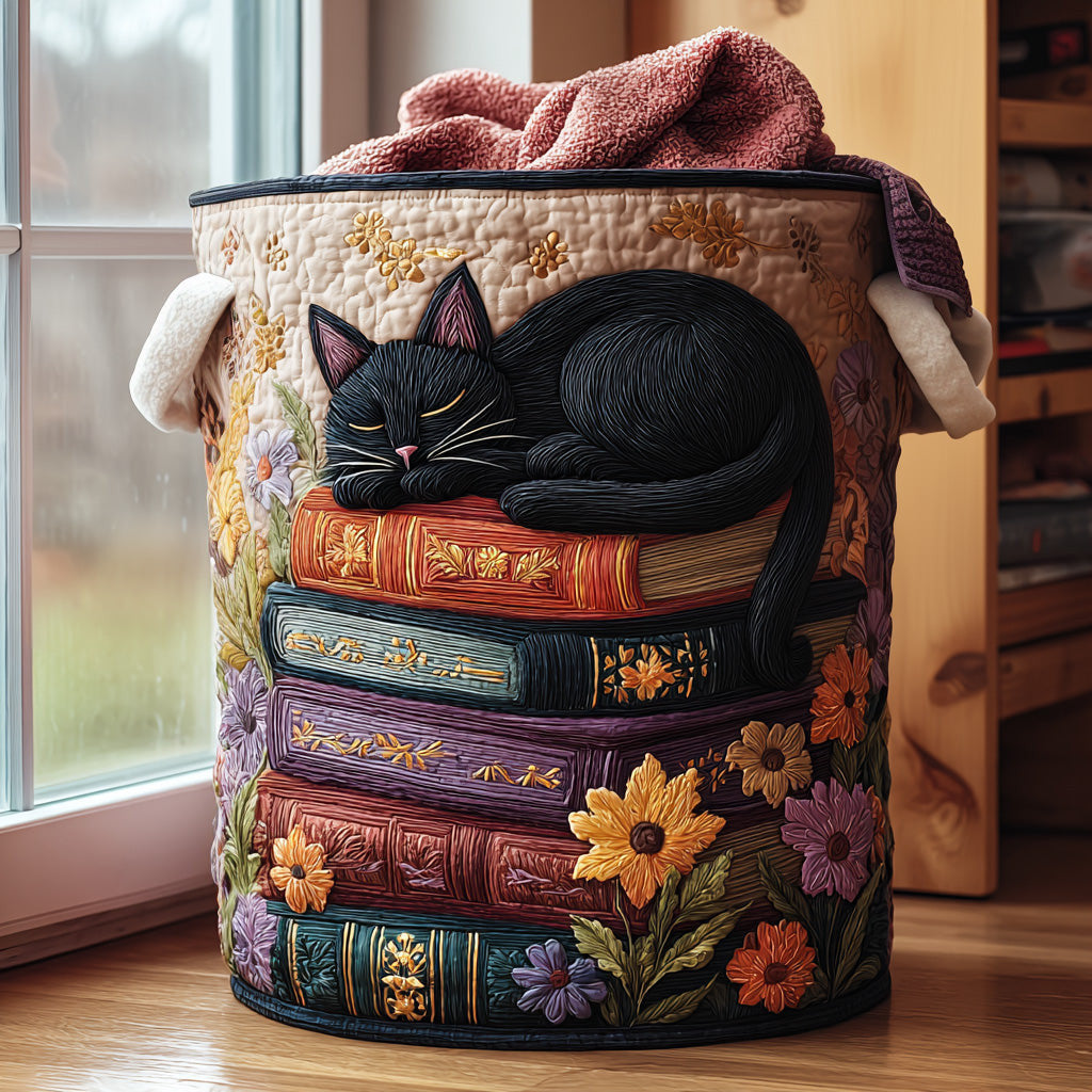 Sleeping Books Quilted Laundry Basket - Fabric Laundry Hamper - Housewarming Gift for Mom