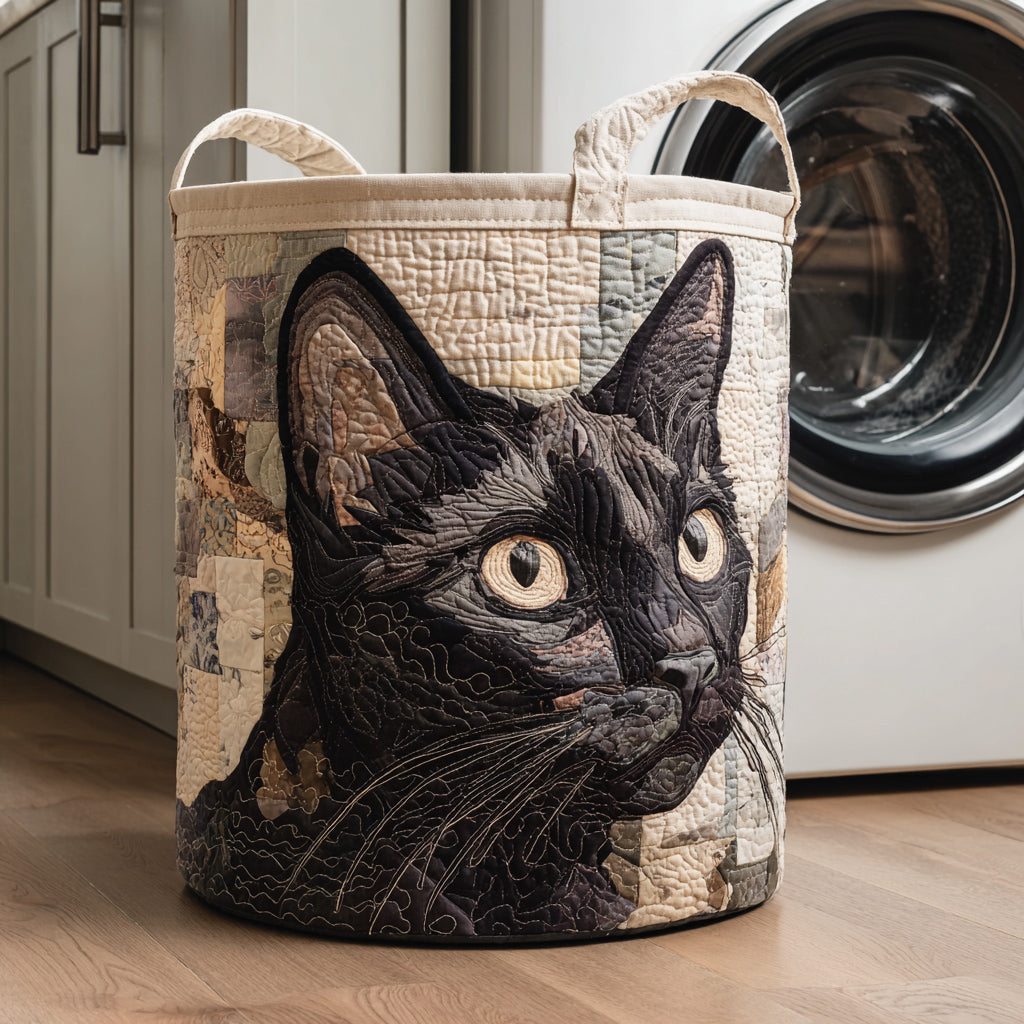 Rustic Black Cat Quilted Laundry Basket - Fabric Laundry Hamper - Housewarming Gift for Mom