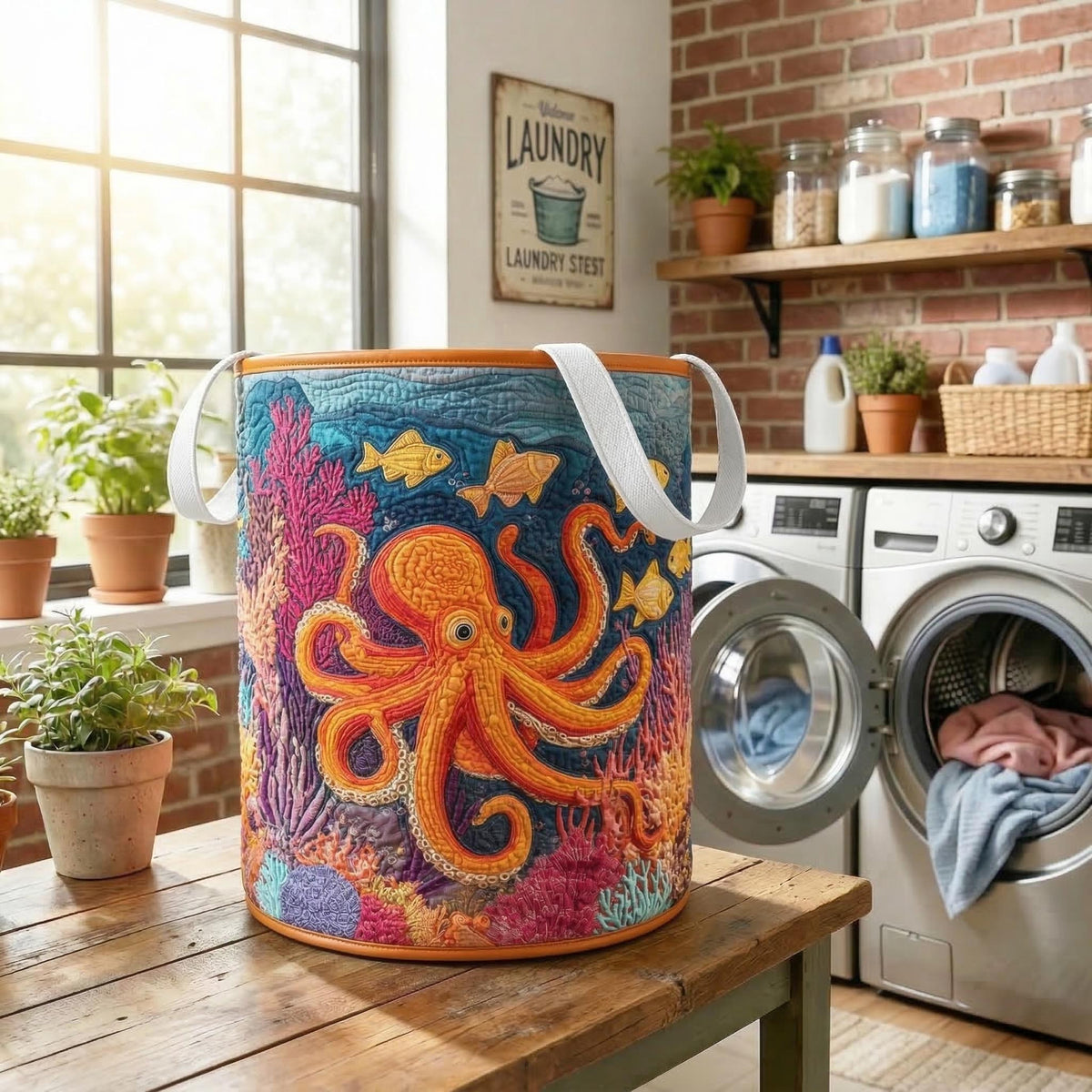Mystic Octopus Quilted Laundry Basket - Fabric Laundry Hamper - Housewarming Gift for Mom