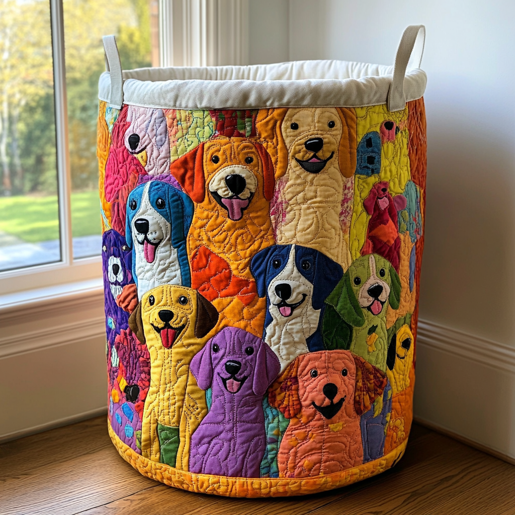 Bright Dogs Quilted Laundry Basket - Fabric Laundry Hamper - Housewarming Gift for Mom