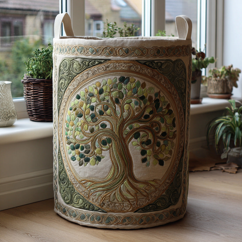 Mystic Tree Quilted Laundry Basket - Fabric Laundry Hamper - Housewarming Gift for Mom