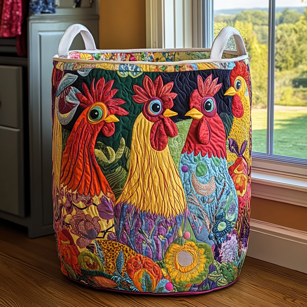 Rooster Parade Quilted Laundry Basket - Fabric Laundry Hamper - Housewarming Gift for Mom