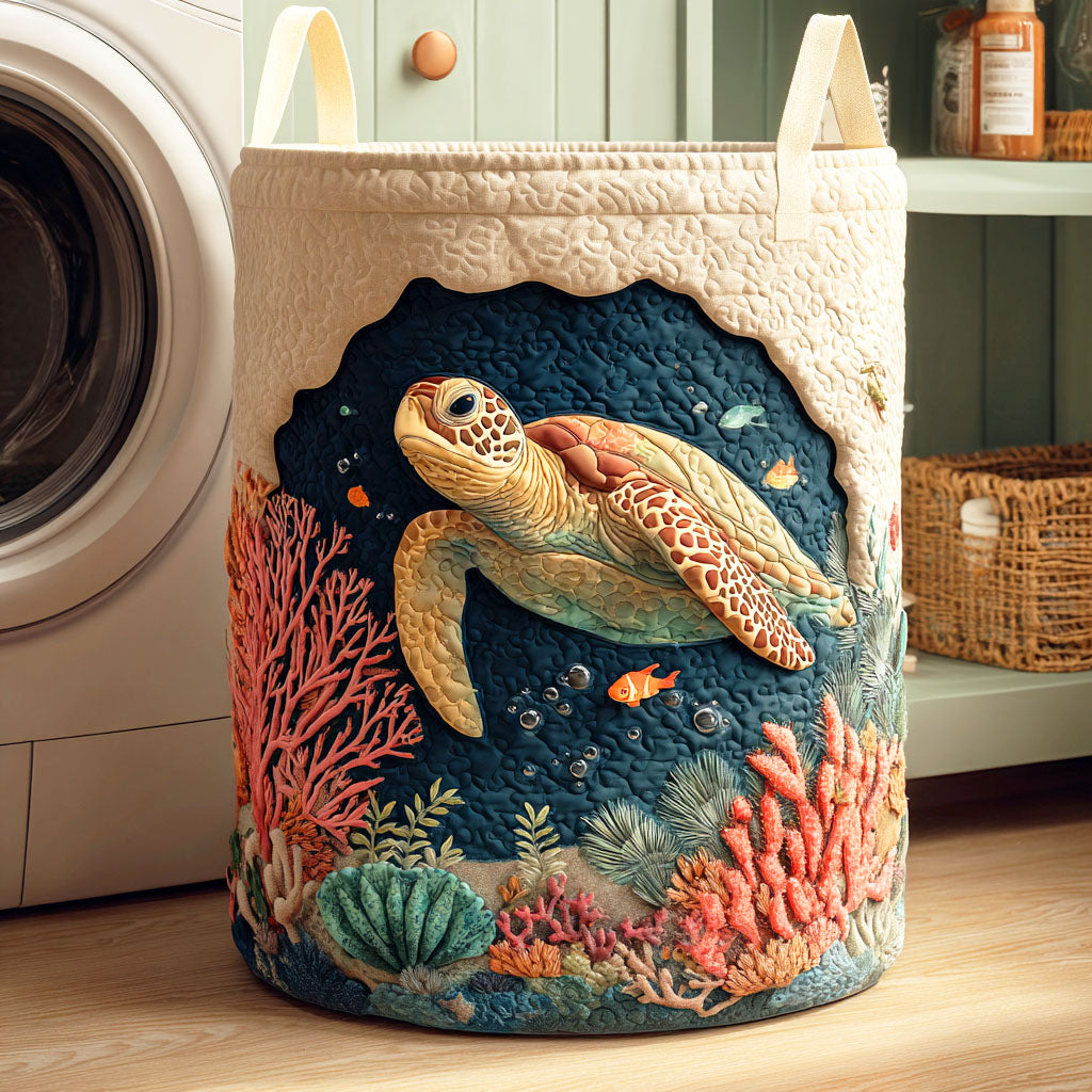 Coral Turtle Quilted Laundry Basket - Fabric Laundry Hamper - Housewarming Gift for Mom
