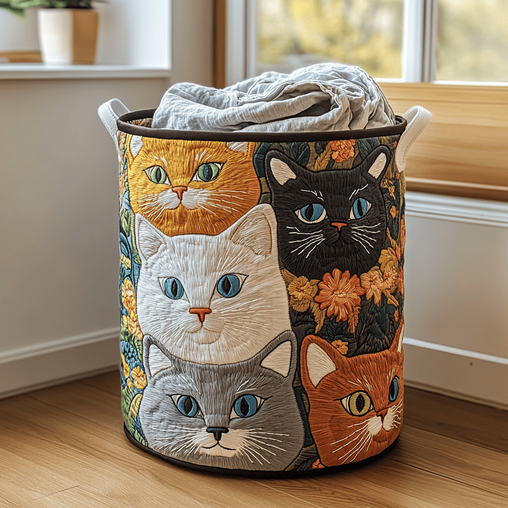 Cat Meadow Quilted Laundry Basket - Fabric Laundry Hamper - Housewarming Gift for Mom