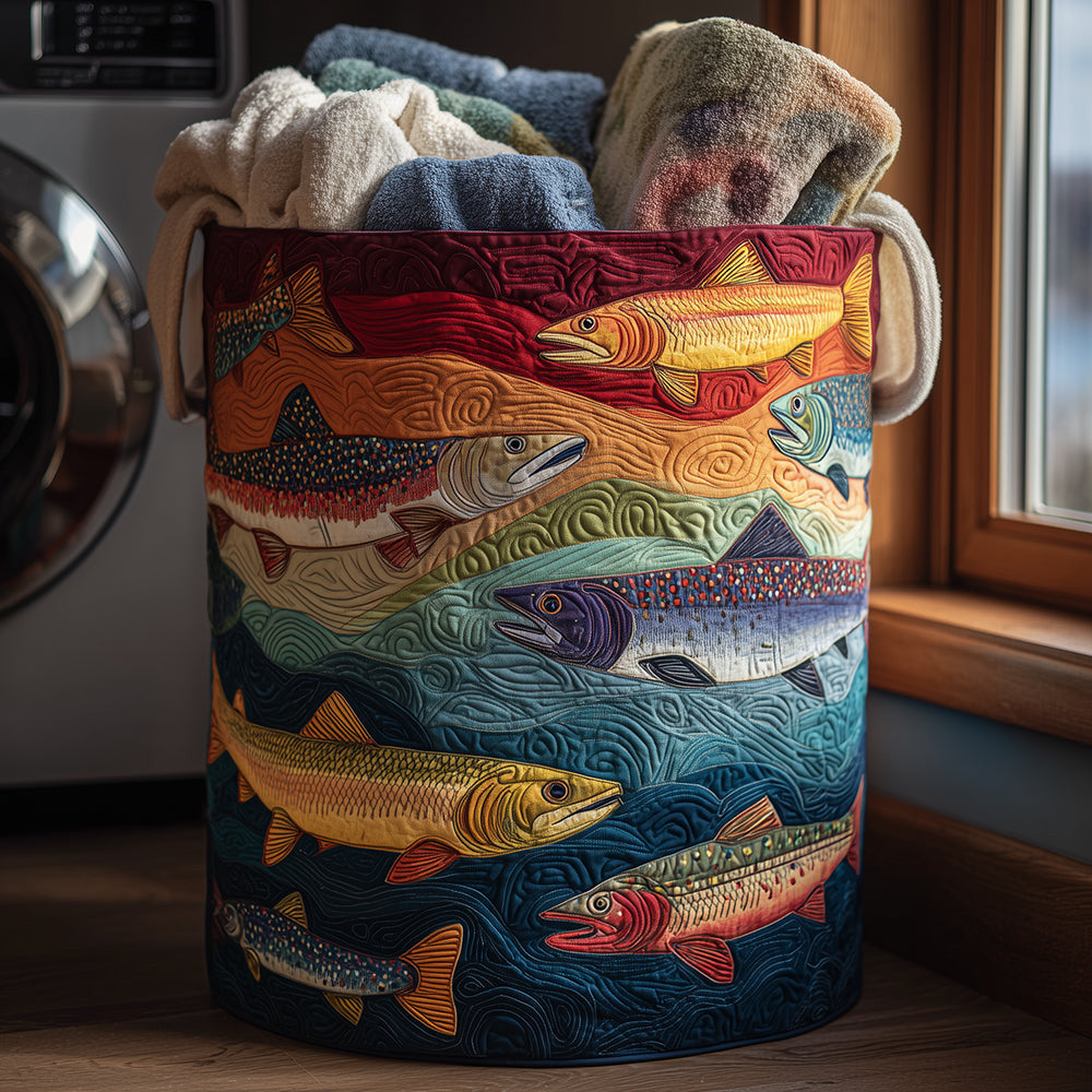 Quirky Trout Quilted Laundry Basket - Fabric Laundry Hamper - Housewarming Gift for Mom