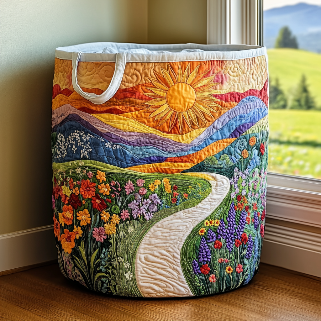 Sunrise Path Quilted Laundry Basket - Fabric Laundry Hamper - Housewarming Gift for Mom