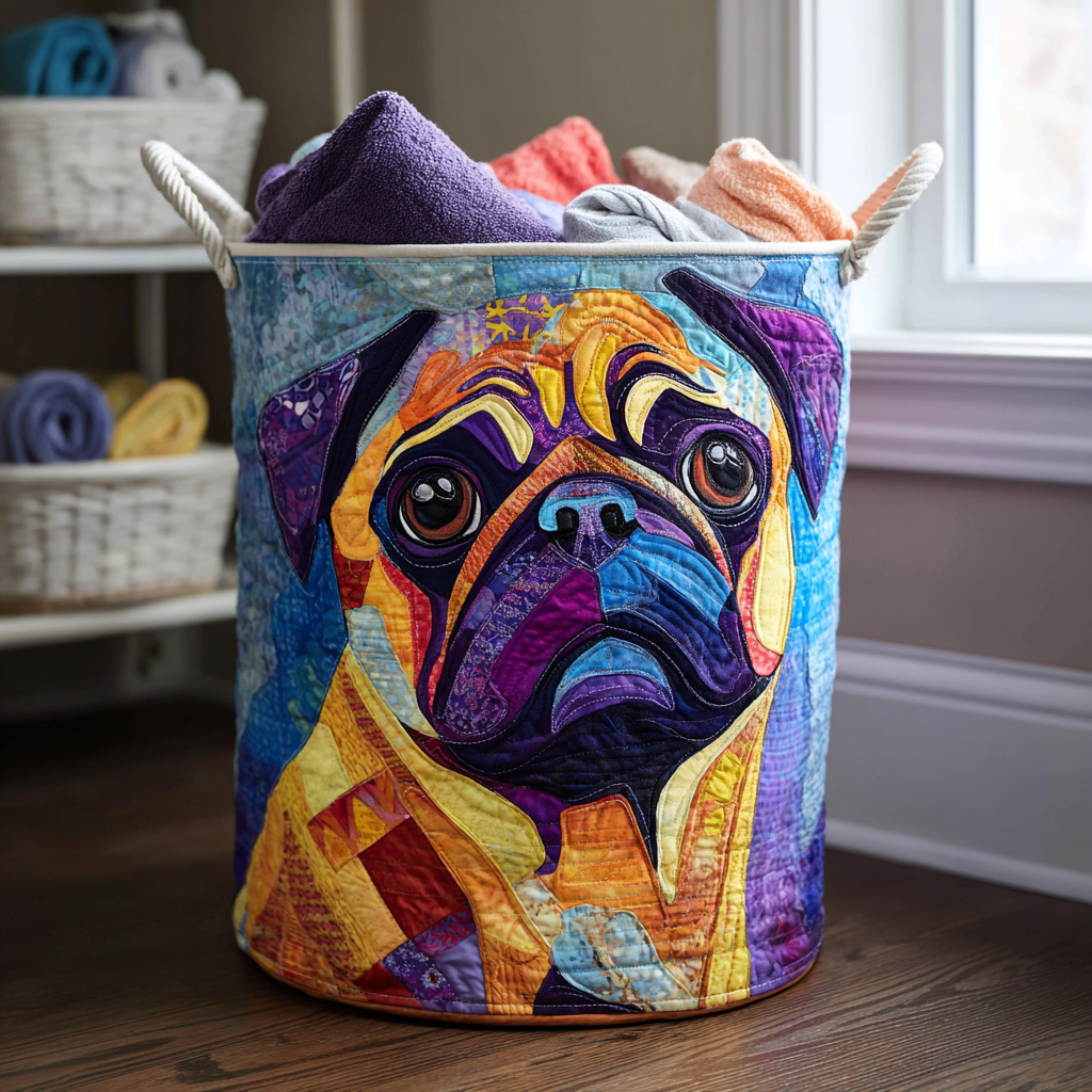 Smiling Pug Quilted Laundry Basket - Fabric Laundry Hamper - Housewarming Gift for Mom