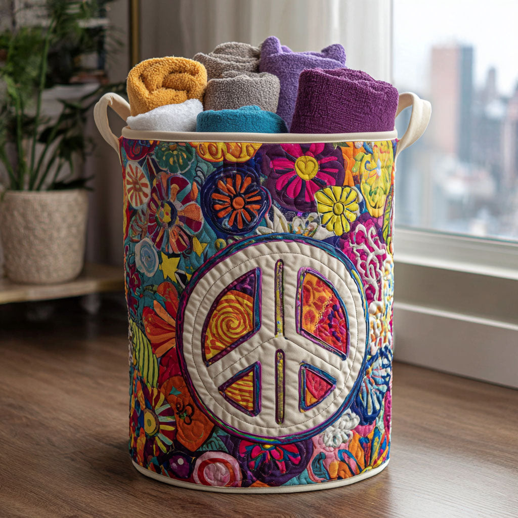 Patchwork Peace Quilted Laundry Basket - Fabric Laundry Hamper - Housewarming Gift for Mom