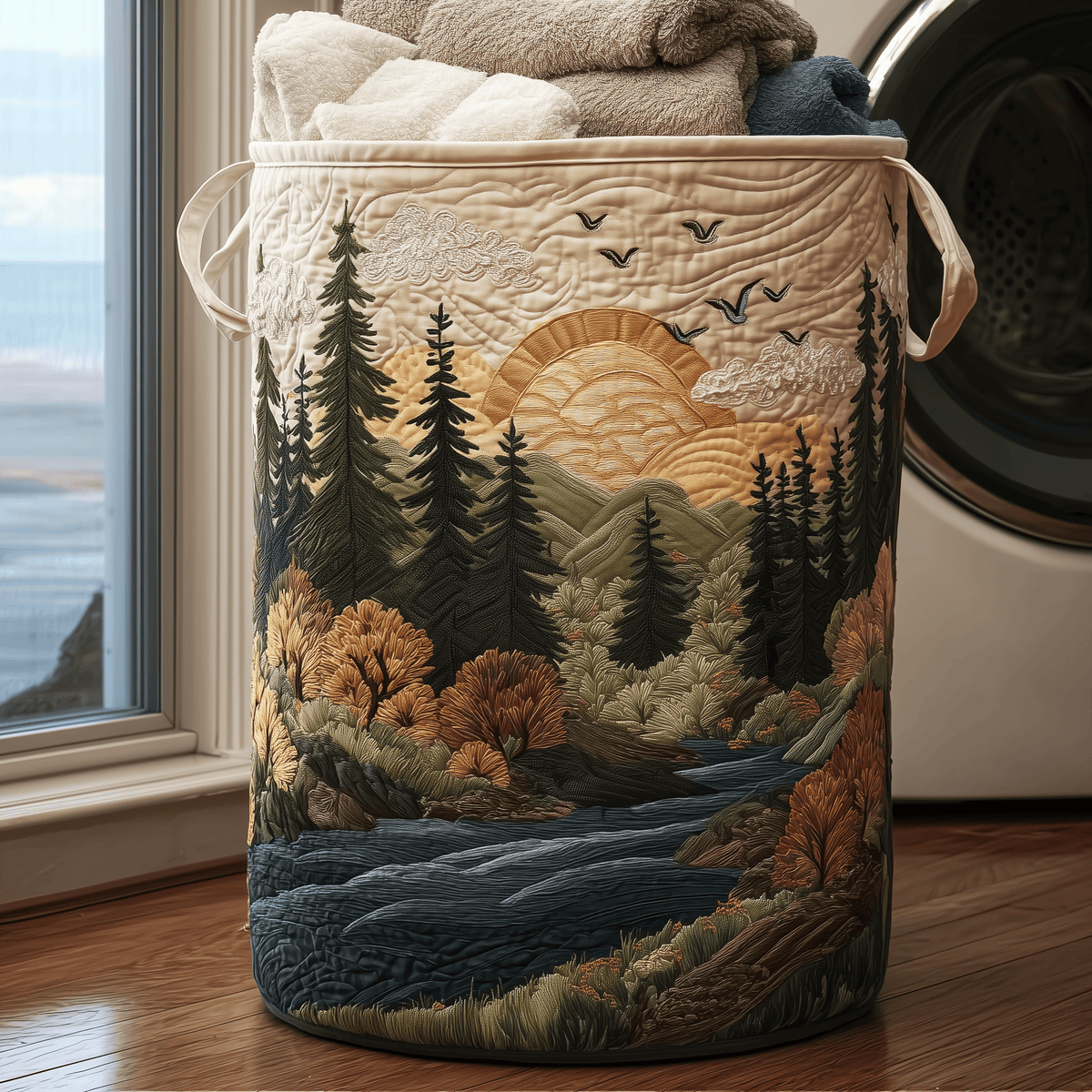 Sunrise Forest Quilted Laundry Basket - Fabric Laundry Hamper - Housewarming Gift for Mom