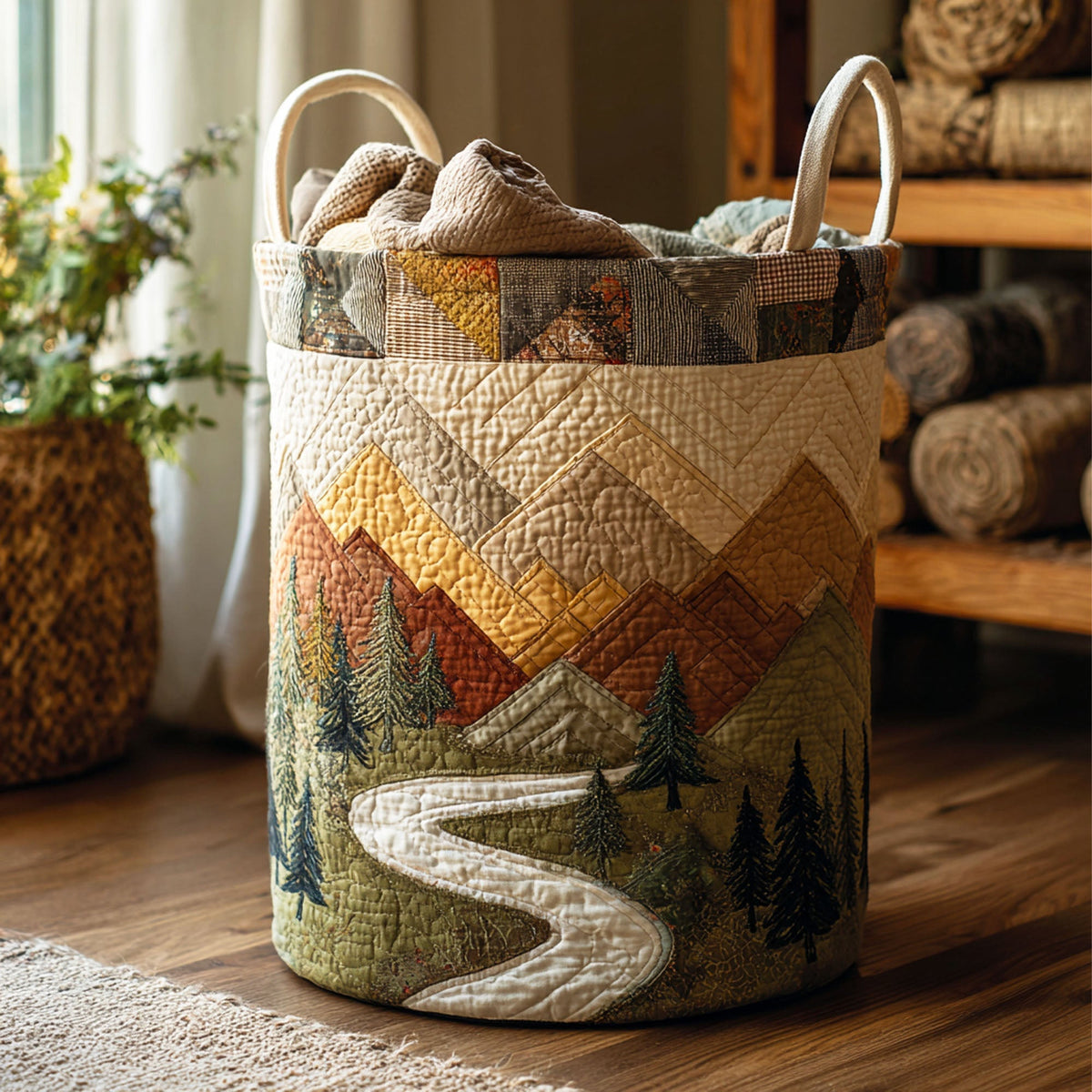 Meadow Trail Quilted Laundry Basket - Fabric Laundry Hamper - Housewarming Gift for Mom