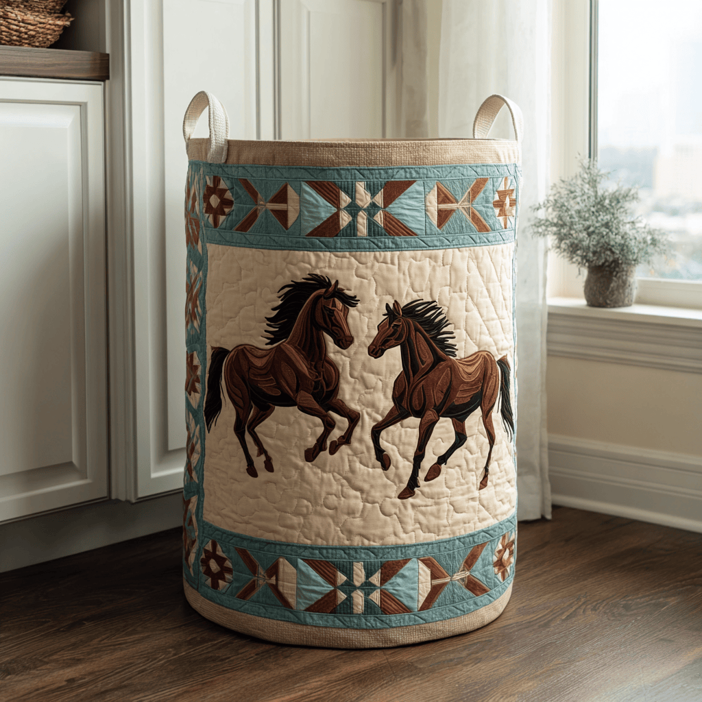 Horse Path Quilted Laundry Basket - Fabric Laundry Hamper - Housewarming Gift for Mom