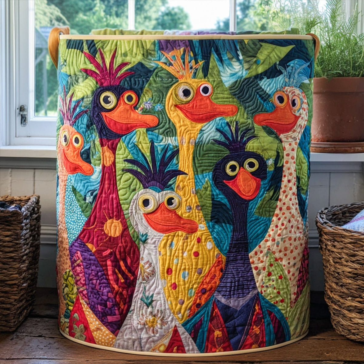 Dandelion Ducks Quilted Laundry Basket - Fabric Laundry Hamper - Housewarming Gift for Mom